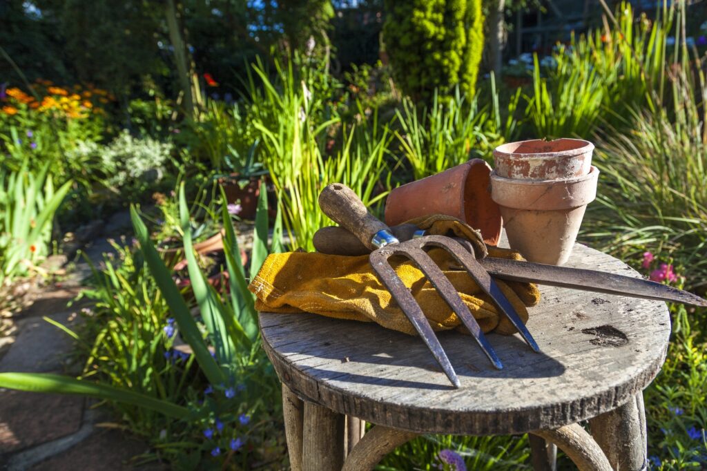 garden tools on a garden table